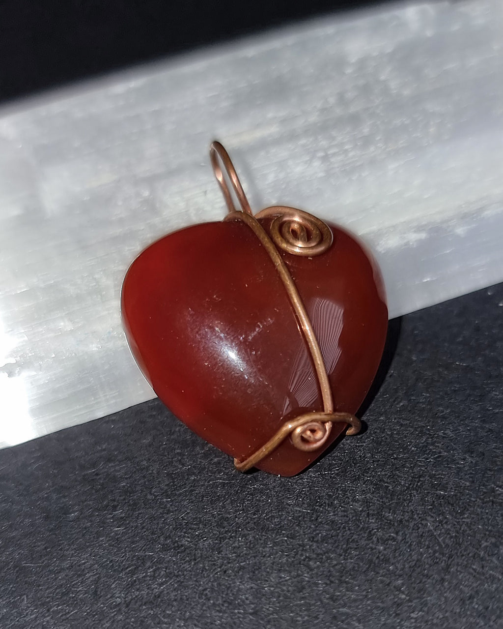 Carnelian Crystal Heart Pendant - Copper Wire Wrapped Necklace