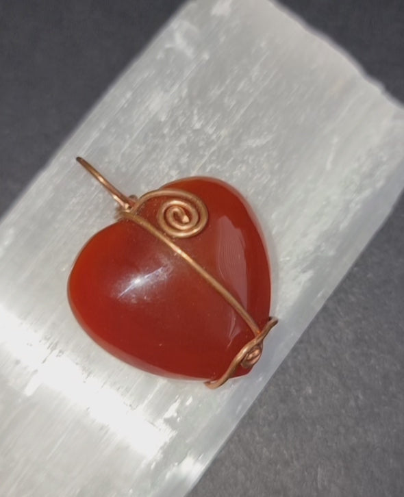Carnelian Crystal Heart Pendant - Copper Wire Wrapped Necklace