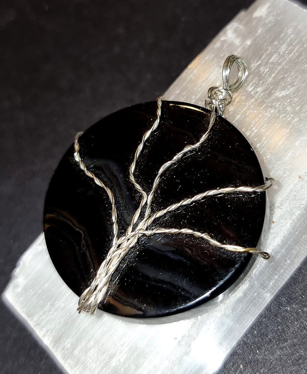 Black Agate Tree of Life Pendant - Wire Wrapped Crystal Necklace for Grounding & Protection