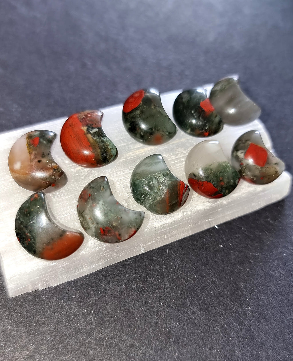 African Bloodstone Crystal Mini Moon - Carved Stone for Emotional Balance, Grounding & Anger Management