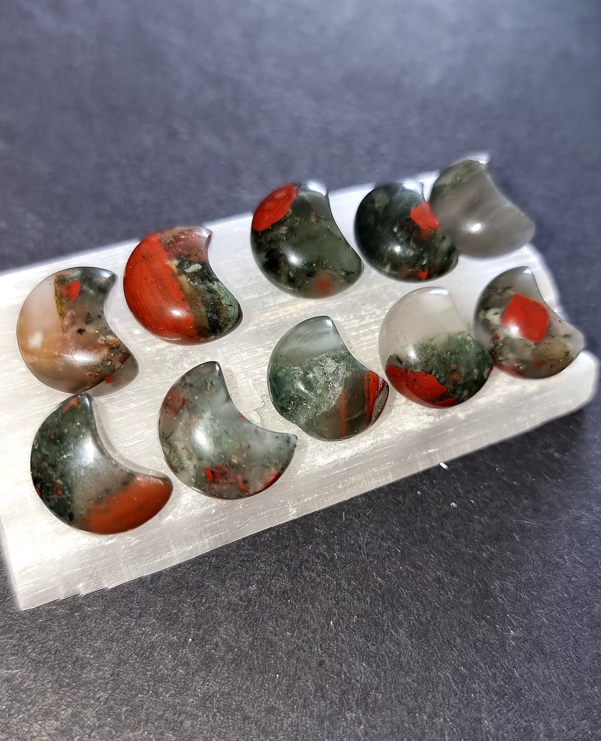 African Bloodstone Crystal Mini Moon - Carved Stone for Emotional Balance, Grounding & Anger Management