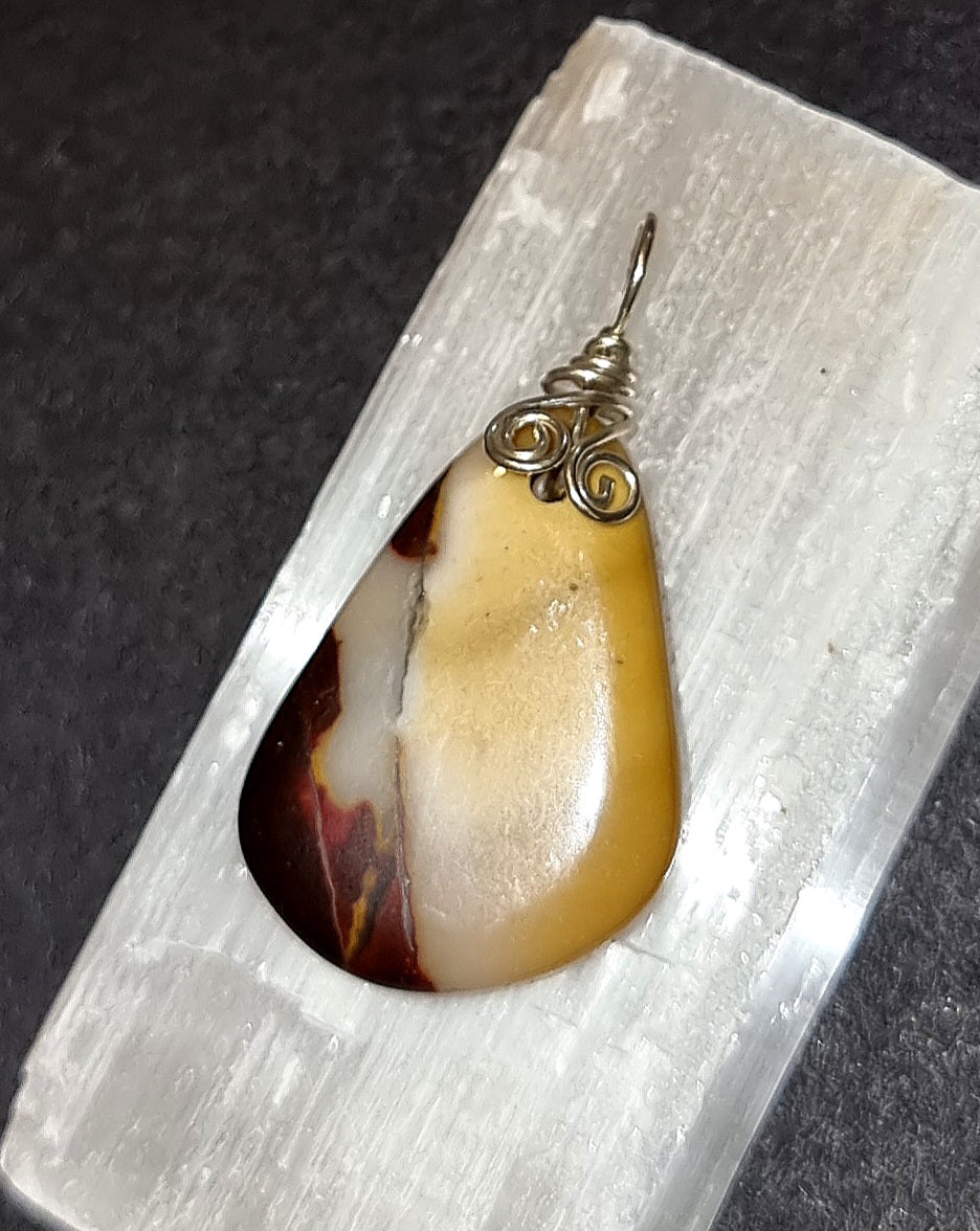 Mookaite Pendant - Silver Plated Wire Wrapped Necklace for Joy & Grounding