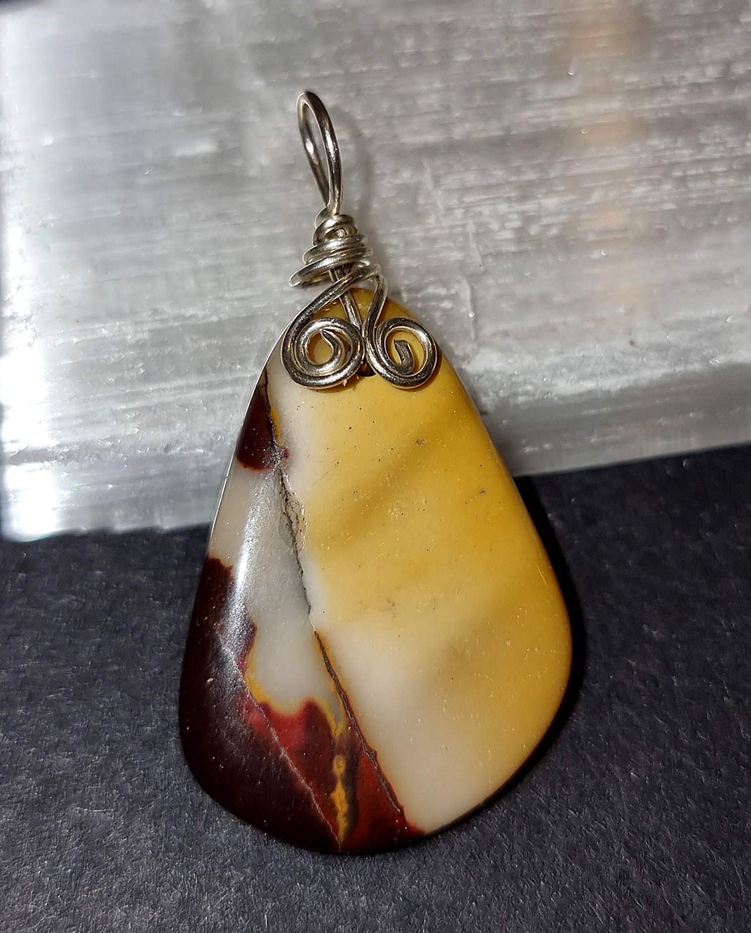 Mookaite Pendant - Silver Plated Wire Wrapped Necklace for Joy & Grounding