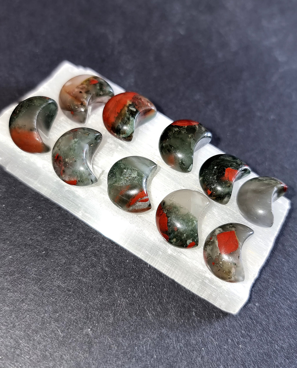 African Bloodstone Crystal Mini Moon - Carved Stone for Emotional Balance, Grounding & Anger Management