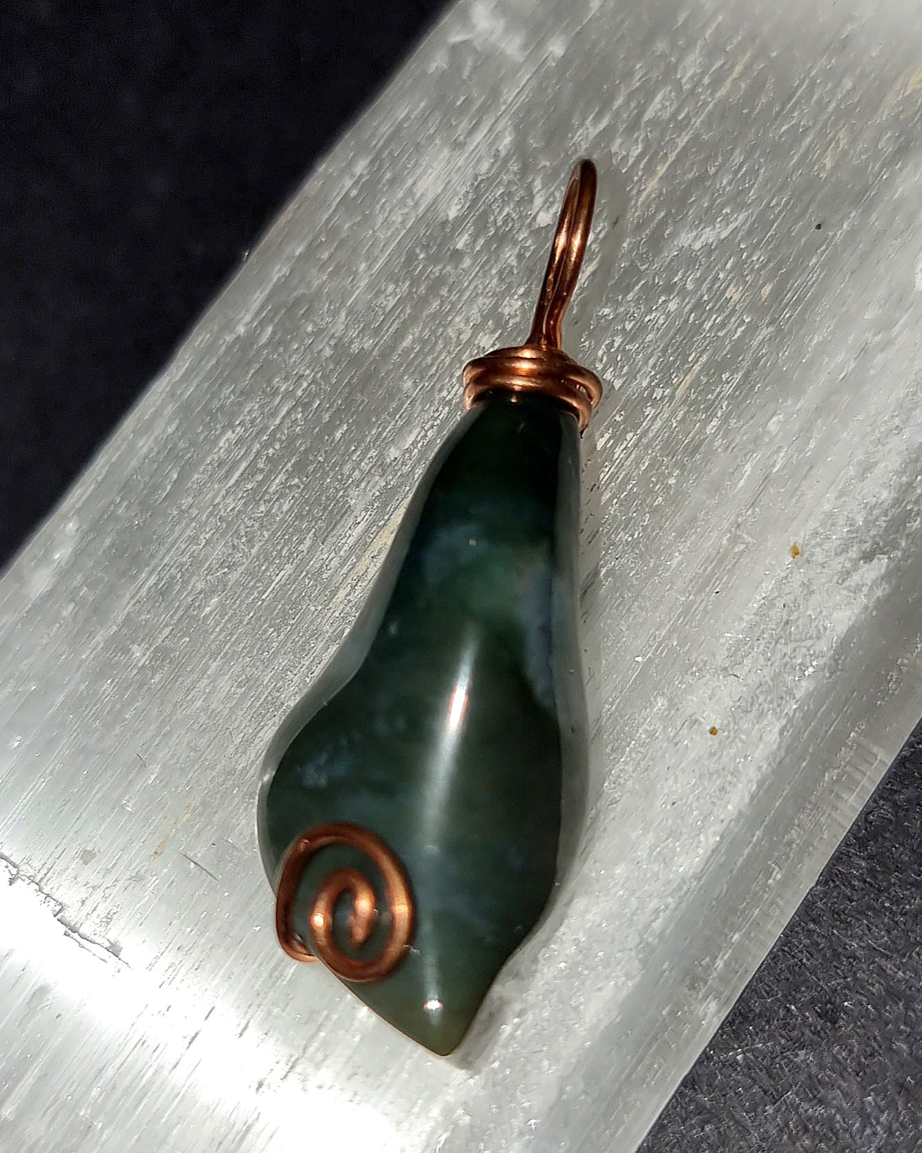 Moss Agate Leaf Pendant - Copper Wire Wrapped Necklace for Nature Connection
