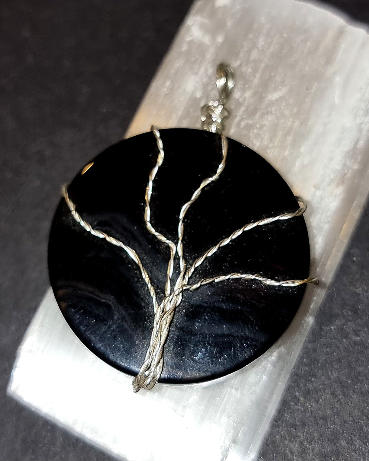 Black Agate Tree of Life Pendant - Wire Wrapped Crystal Necklace for Grounding & Protection