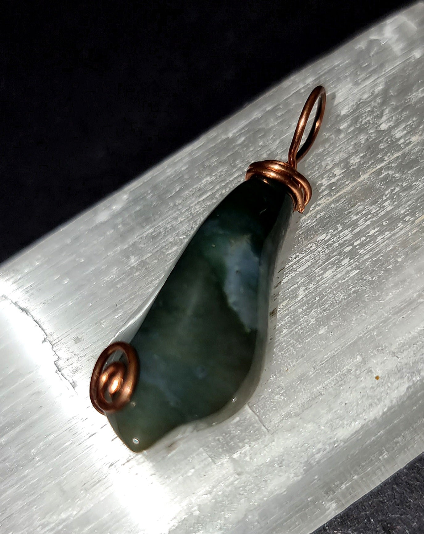 Moss Agate Leaf Pendant - Copper Wire Wrapped Necklace for Nature Connection