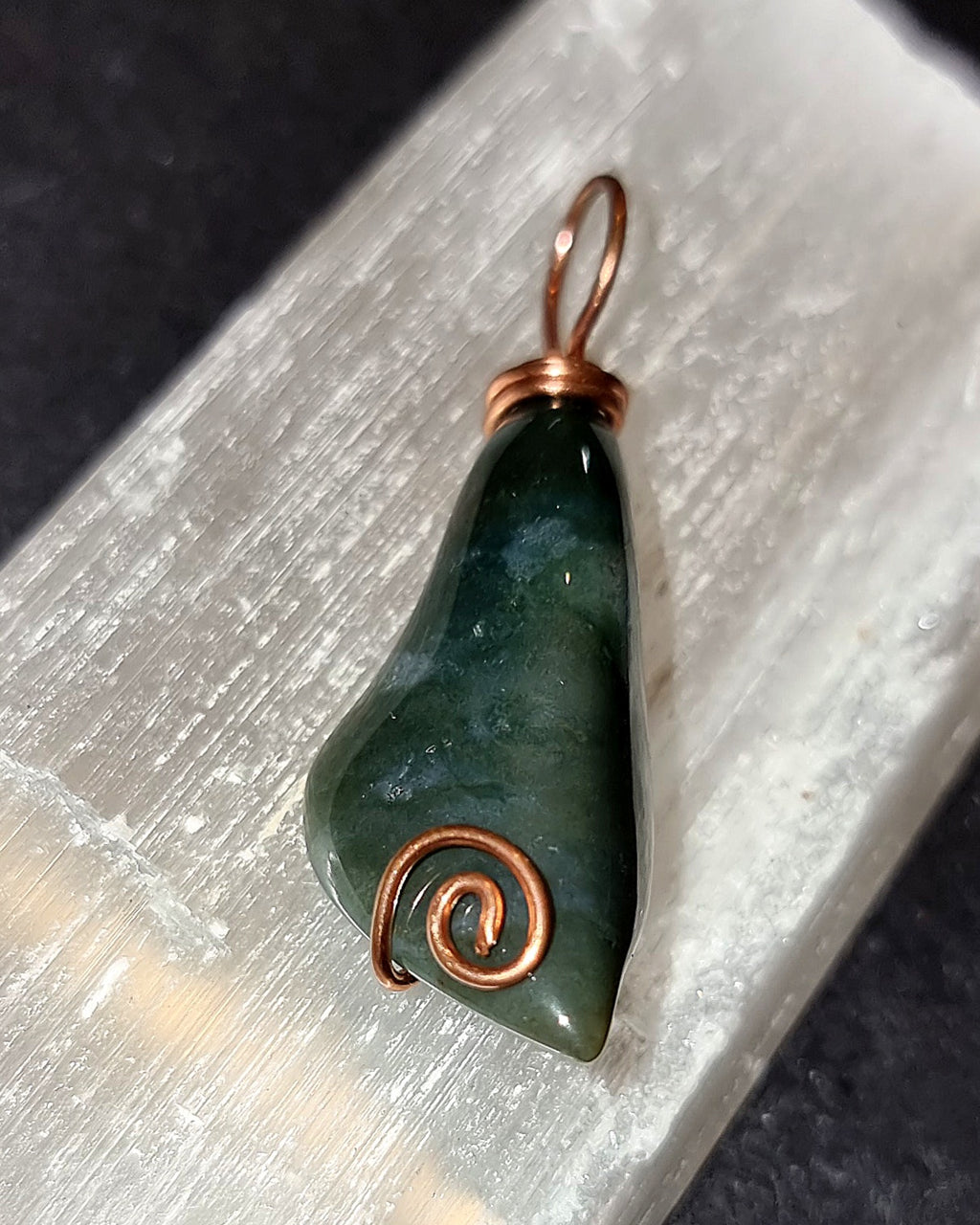 Moss Agate Leaf Pendant - Copper Wire Wrapped Necklace for Nature Connection