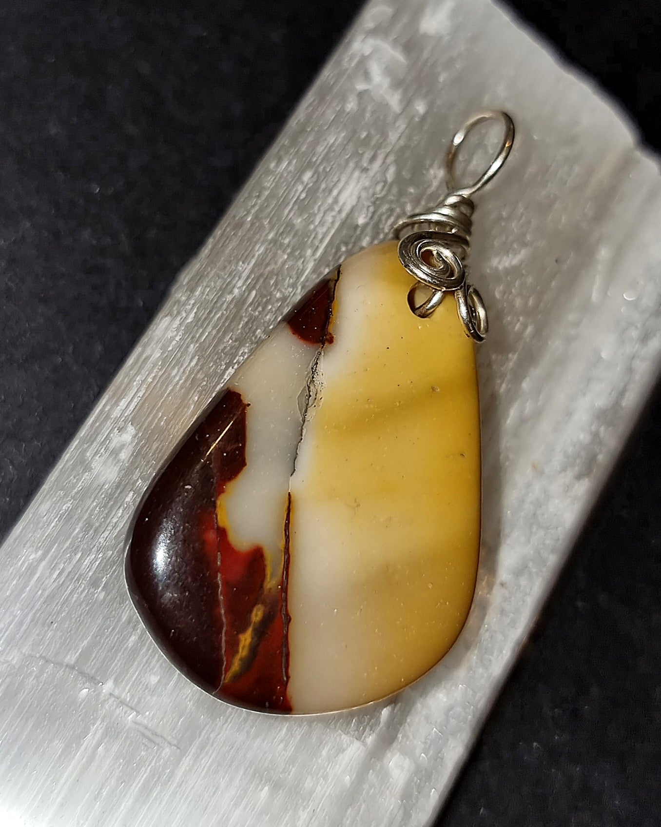Mookaite Pendant - Silver Plated Wire Wrapped Necklace for Joy & Grounding
