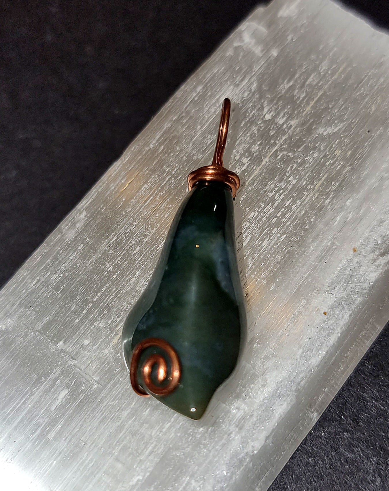 Moss Agate Leaf Pendant - Copper Wire Wrapped Necklace for Nature Connection