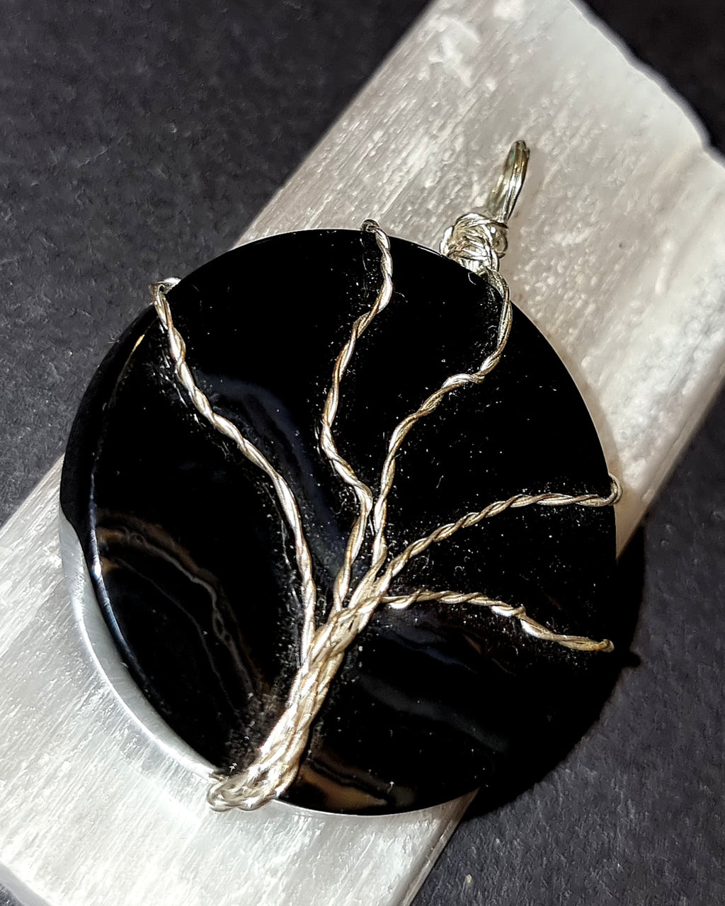Black Agate Tree of Life Pendant - Wire Wrapped Crystal Necklace for Grounding & Protection
